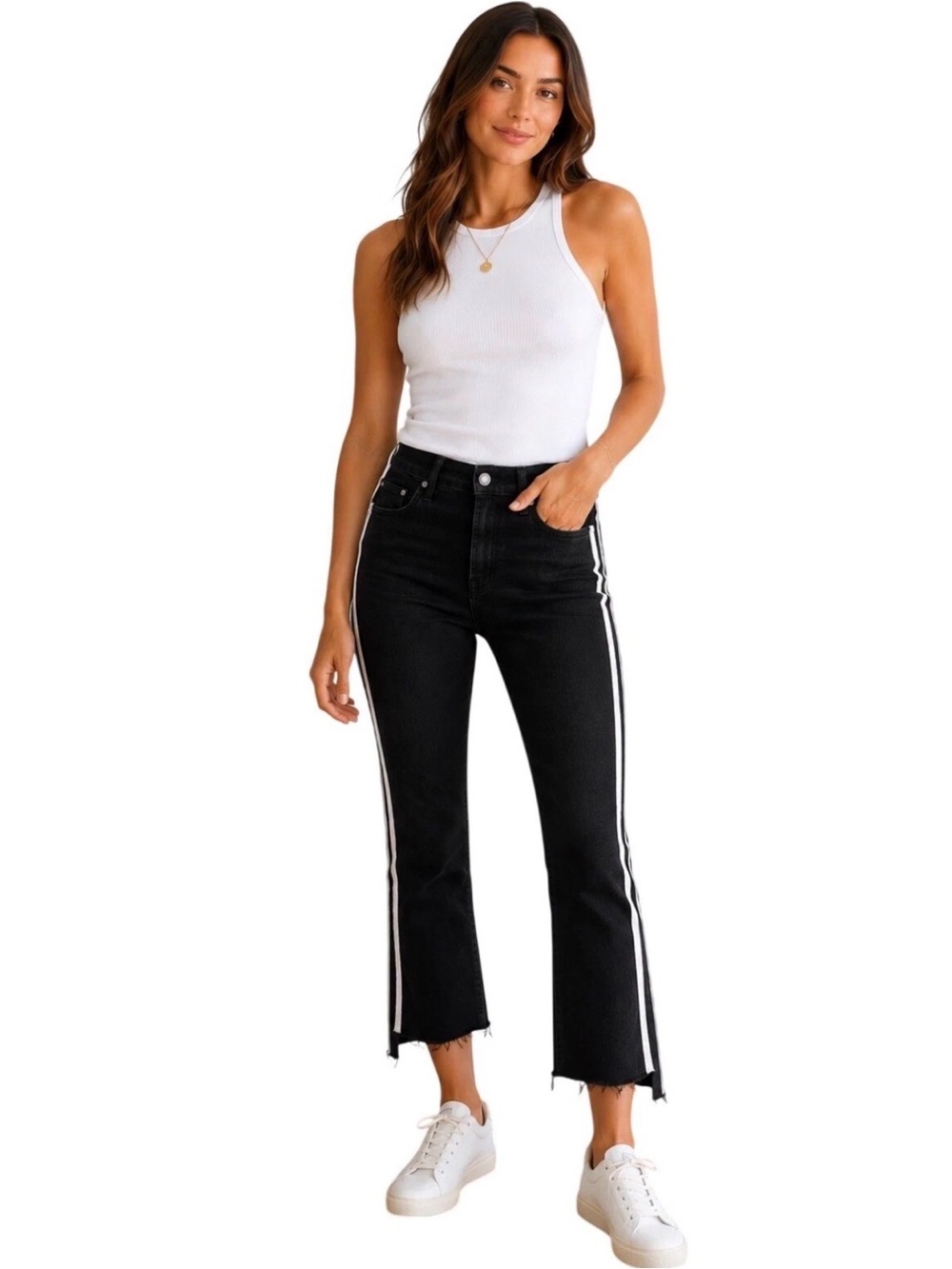 MOTHER Insider Crop Step Fray Jeans in Guilty Racer Black Side Stripe 28